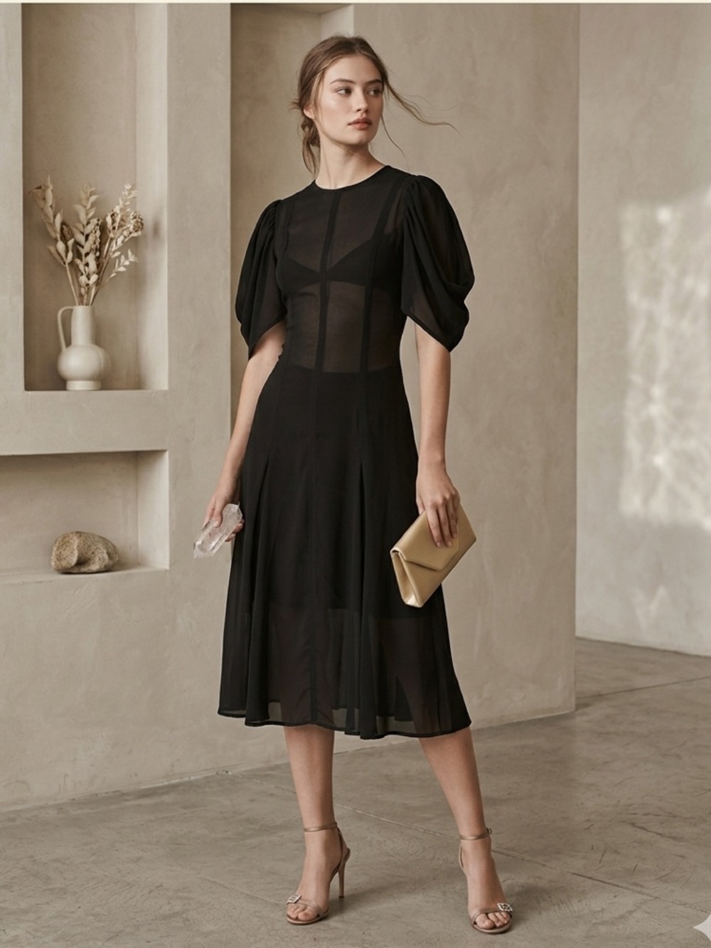 By Anthropologie Modern Sheer Midi Dress Black NWT Size 0